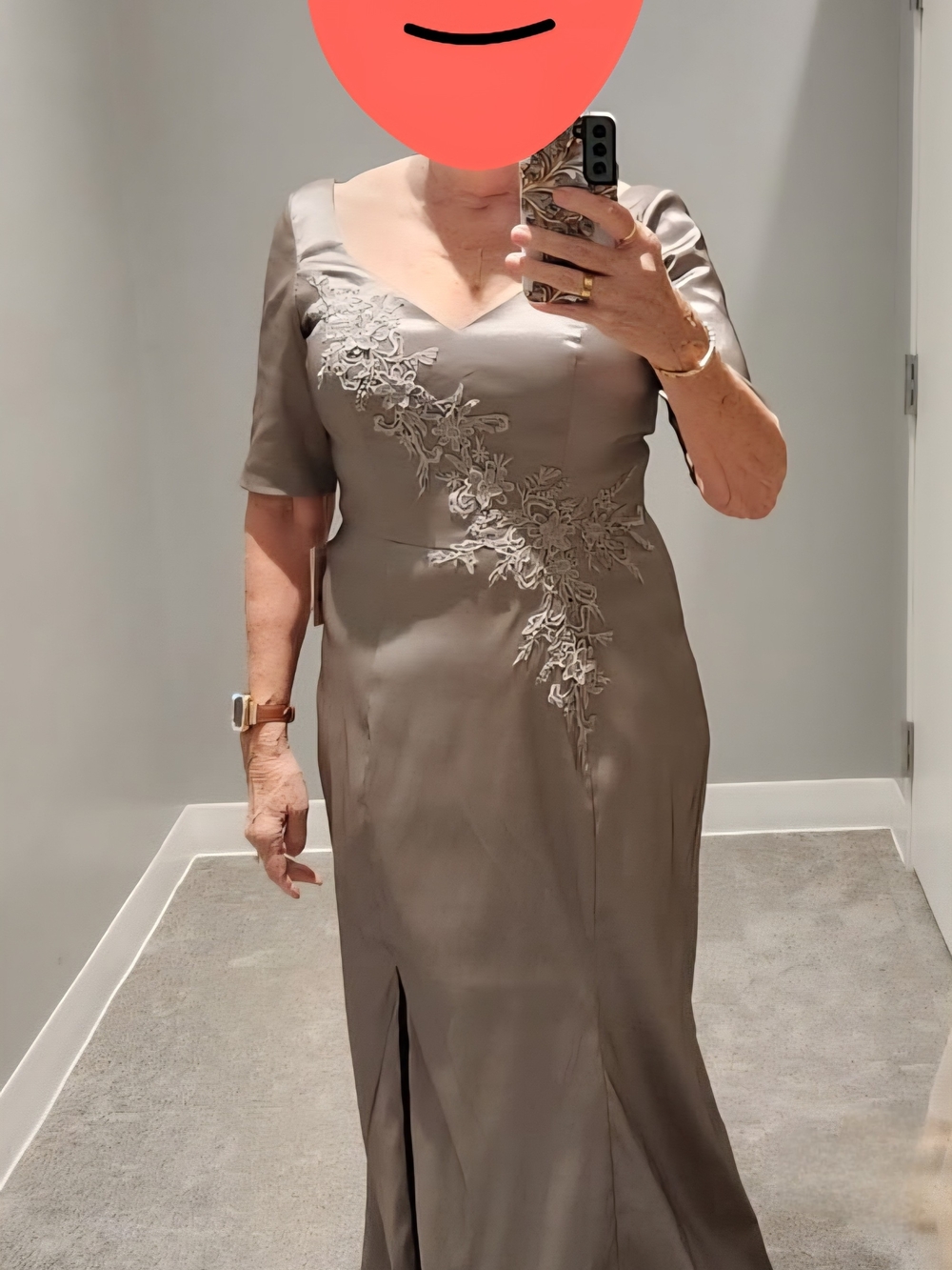 Oleg Casini Elegant Taupe Evening Gown with Floral Appliqué